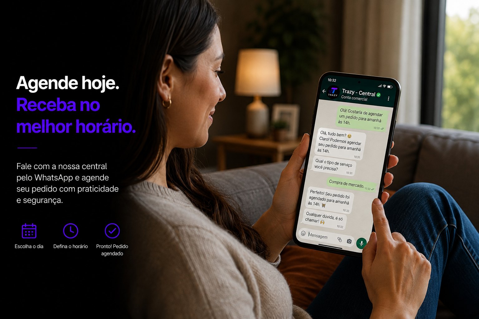Cliente agendando um pedido pelo WhatsApp com a central da Trazy