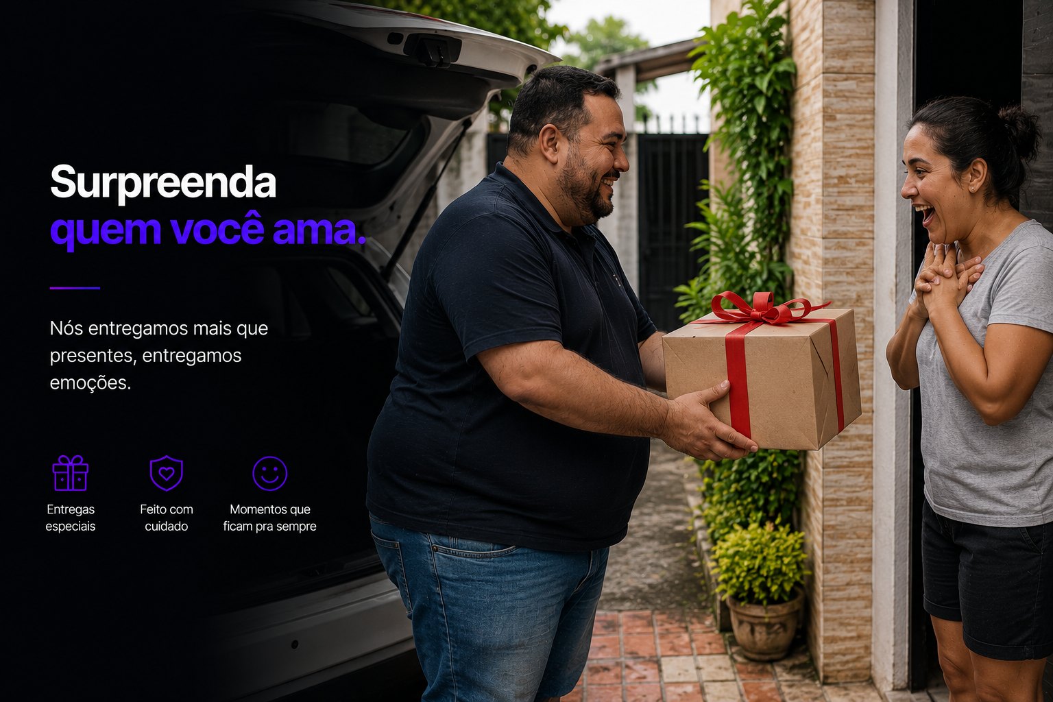 Entrega de presente surpresa feita por um parceiro da Trazy