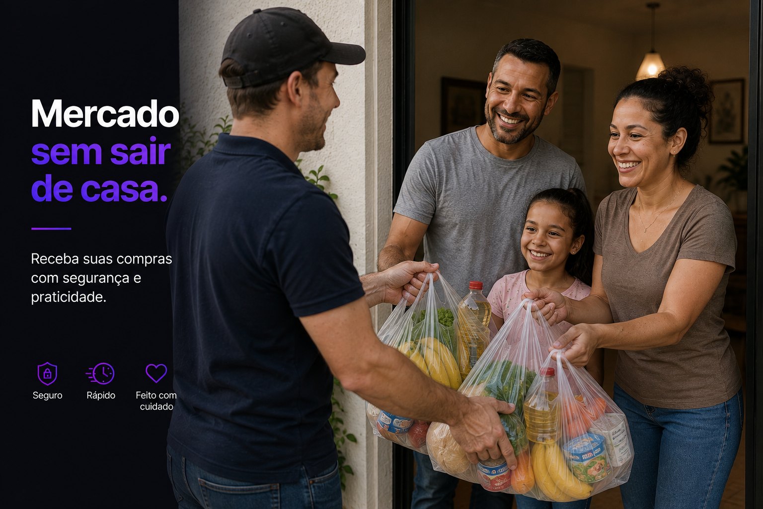 Entregador da Trazy entregando compras de mercado para uma família em casa