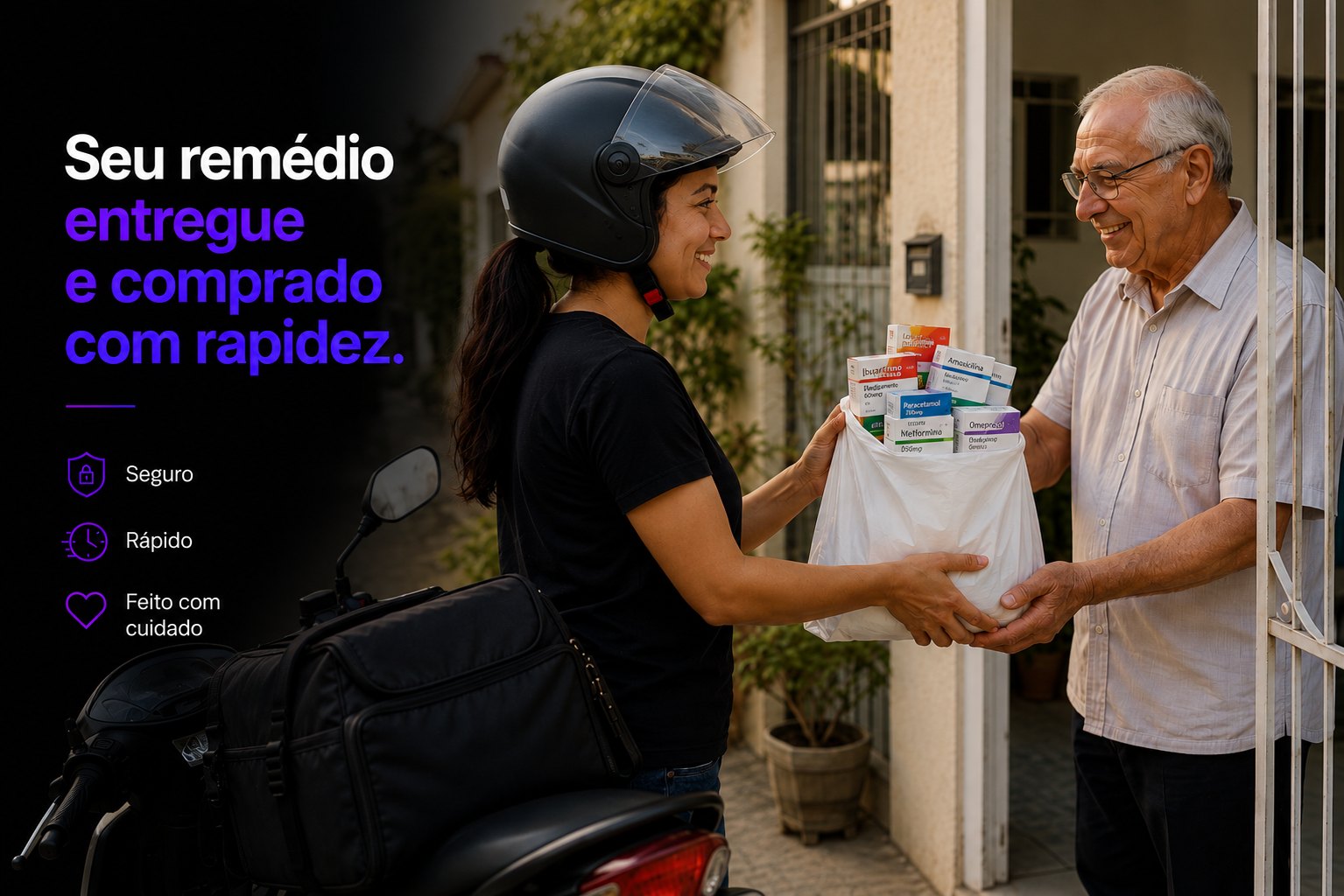 Entrega de medicamentos comprados na farmácia para um cliente idoso