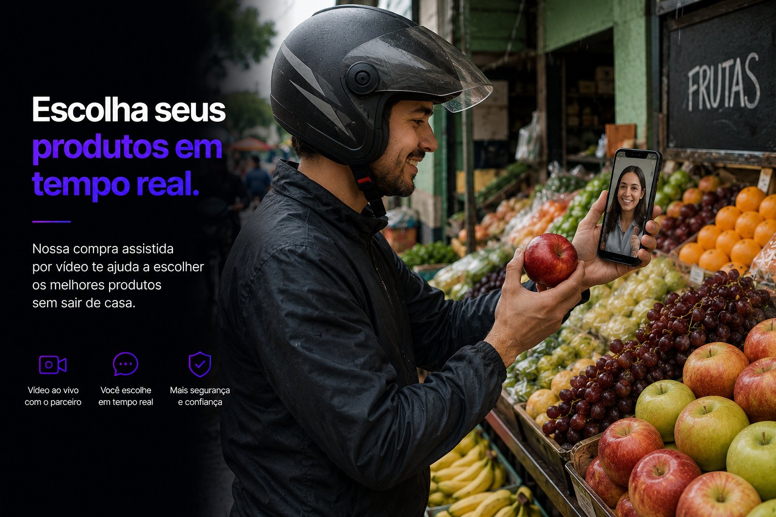 Compra assistida por vídeo: parceiro da Trazy escolhendo frutas em tempo real com o cliente
